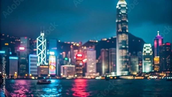 Fototapeta Blurred city lights of Hong Kong at night, creating a vibrant bokeh background with neon glow and urban energy.