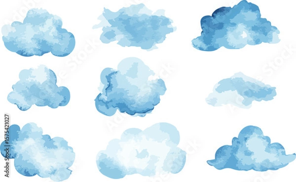 Obraz Watercolor Cloud Collection in Blue Tones on White Background for Design Projects