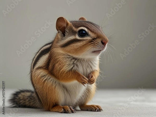 Fototapeta A chipmunk with bold black stripes sits calmly on a smooth surface,  showcasing charm and natural colors. AI generated.