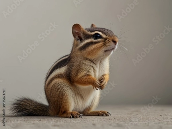 Fototapeta A chipmunk with bold black stripes sits calmly on a smooth surface,  showcasing charm and natural colors. AI generated.