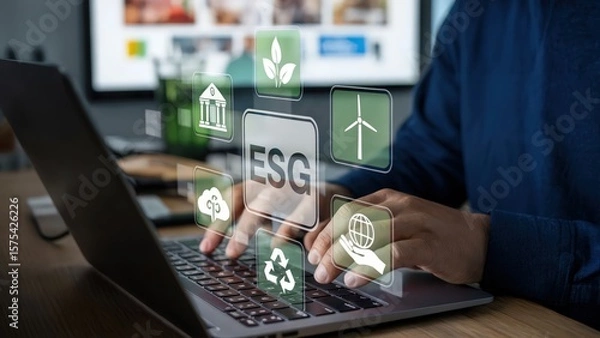 Fototapeta Man working on laptop with ESG icons, environmental social governance concept.