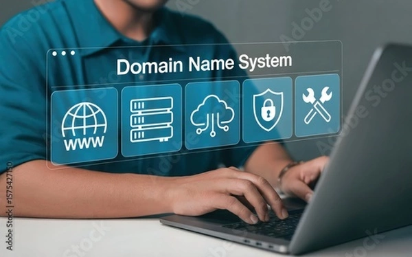 Fototapeta Domain name system icons displayed over a person using a laptop computer.