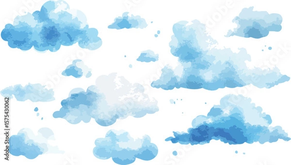 Obraz Watercolor Blue Clouds Seamless Border Pattern Vector Illustration on White Background