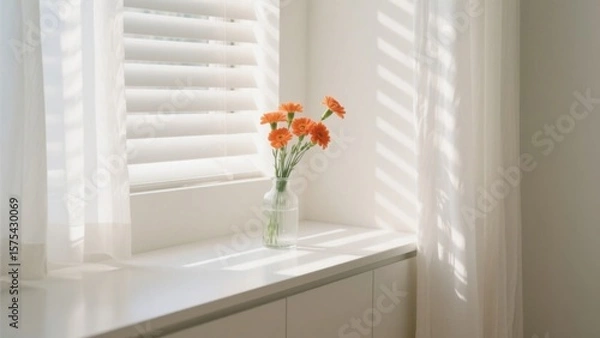 Fototapeta On the windowsill, a transparent vase with several small orange flowers, sunlight falling, blending with white curtains and the windowsill, creating a fresh and healing atmosphere.