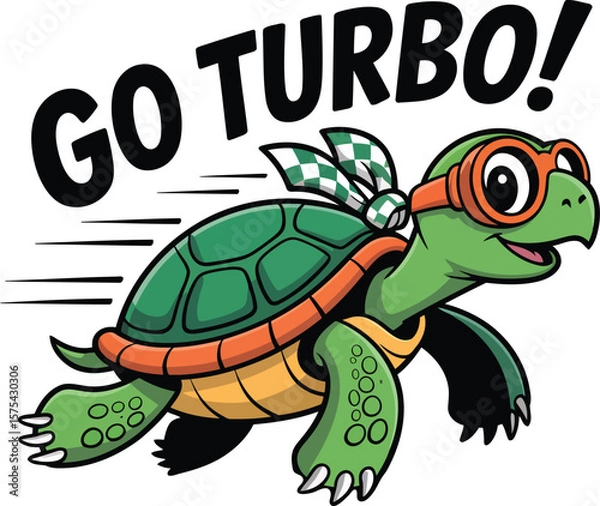 Fototapeta Cartoon turbo turtle with flight goggles and checkered scarf racing forward with Go Turbo text