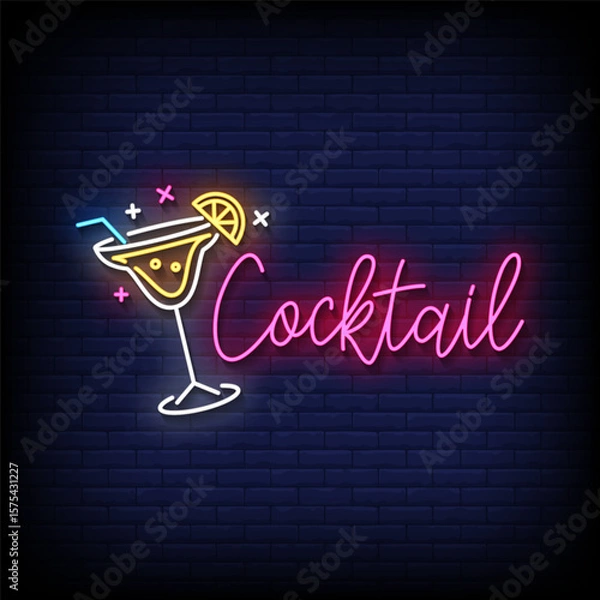 Obraz cocktail neon sign with brick wall background vector