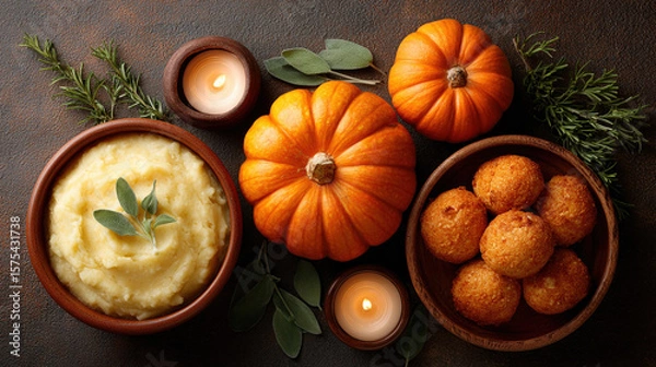 Fototapeta Cozy autumn table setting with mashed potatoes, pumpkins, and fried snacks, surrounded by candles and herbs