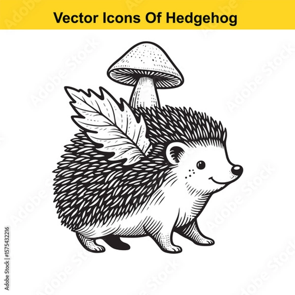 Fototapeta Black and White Line Art of a Hedgehog with Mushroom or Leaf – Easy Tracing Vector