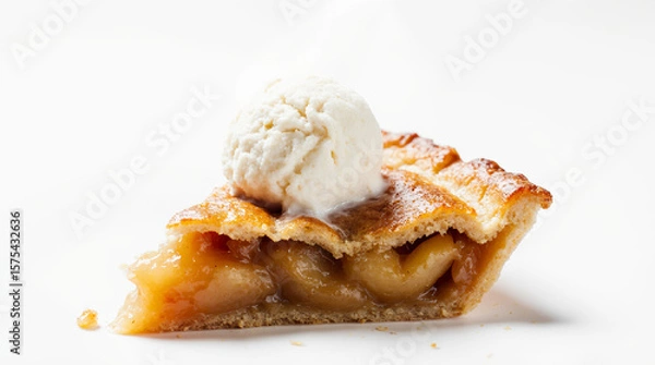 Fototapeta Slice of apple pie with ice cream, caramel glaze and crumbly crust, served on white plates. AI generated.