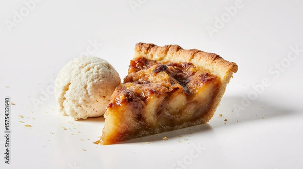 Fototapeta Slice of apple pie with ice cream, caramel glaze and crumbly crust, served on white plates. AI generated.