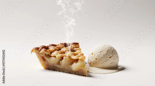 Fototapeta Slice of apple pie with ice cream, caramel glaze and crumbly crust, served on white plates. AI generated.