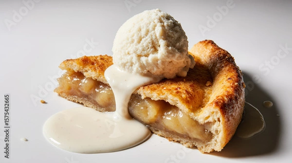 Fototapeta Slice of apple pie with ice cream, caramel glaze and crumbly crust, served on white plates. AI generated.