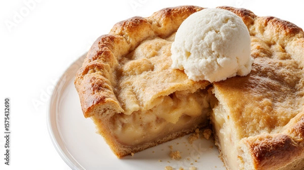 Fototapeta Slice of apple pie with ice cream, caramel glaze and crumbly crust, served on white plates. AI generated.