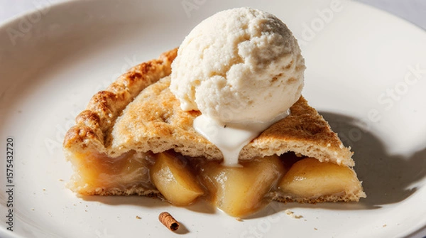 Fototapeta Slice of apple pie with ice cream, caramel glaze and crumbly crust, served on white plates. AI generated.