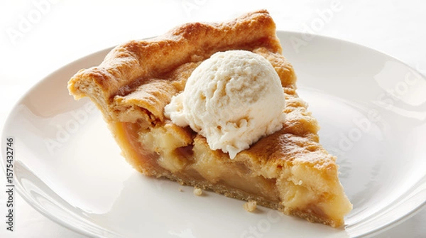 Fototapeta Slice of apple pie with ice cream, caramel glaze and crumbly crust, served on white plates. AI generated.