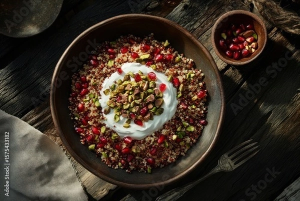 Obraz fluffy quinoa in bowl with ruby-red pomegranate seeds, crushed pistachios, and creamy natural yogurt on dark wood  background with shadow.