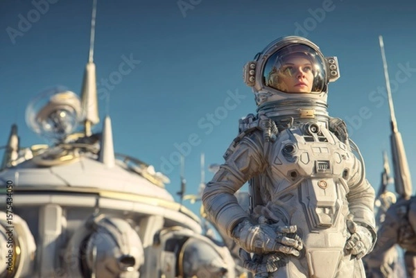 Obraz female astronaut in a next-generation space suit standing proudly in front of a futuristic space base on an alien planet. science, resilience, and interplanetary innovation