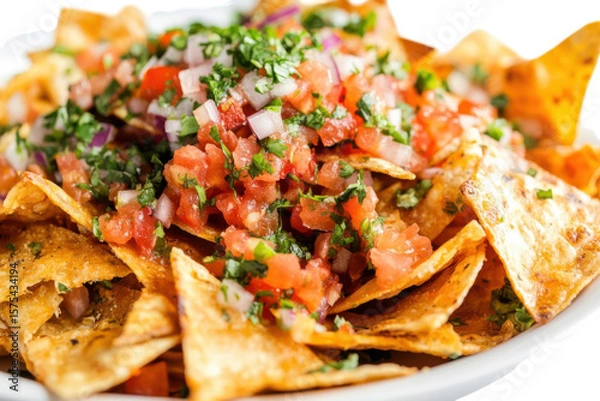 Fototapeta Crispy tortilla chips topped with fresh pico de gallo isolated on a transparent background corn fried