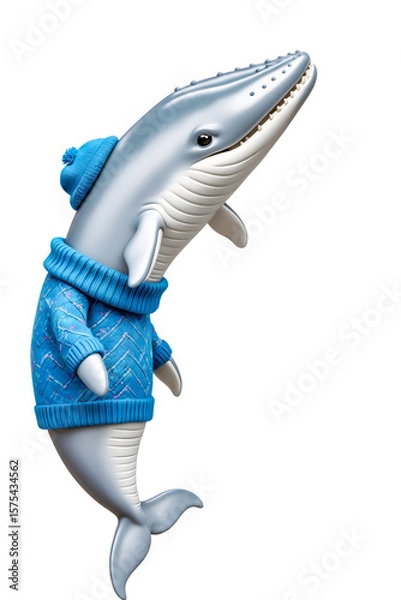 Fototapeta Digital Illustration of Anthropomorphic Gray Whale Wearing Blue Knitted Sweater and Beanie on White Background