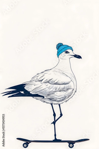 Fototapeta Minimalist drawn illustration of a seagull wearing a blue beanie standing on a black skateboard with white background