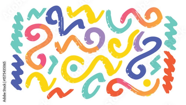 Fototapeta An abstract arrangement of colorful brush strokes and curved lines on a white background design is shown