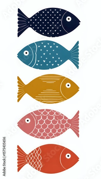 Fototapeta Minimalist Vertical Illustration of Five Stylized Fish with Unique Colorful Patterns on White Background