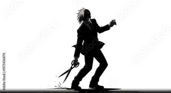 Fototapeta Silhouette of a Man in a Suit with Scissors, Dramatic Pose, Black and White Illustration