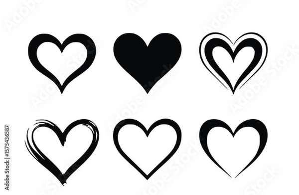 Fototapeta Artistic black hearts show love and romance, hand-drawn vector graphics with unique styles on a white background for Valentine's Day, silhouette