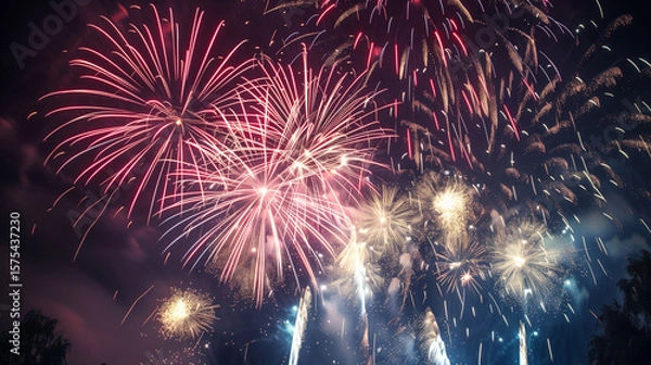 Obraz 夏の夜空に大きく打ち上がるカラフルな花火｜日本の夏祭り・イベント風景・夜景素材