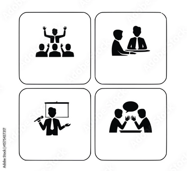 Fototapeta Depicts business meetings, presentations, discussions, and audience engagement, all in simple black and white icons for easy visual communication, silhouette