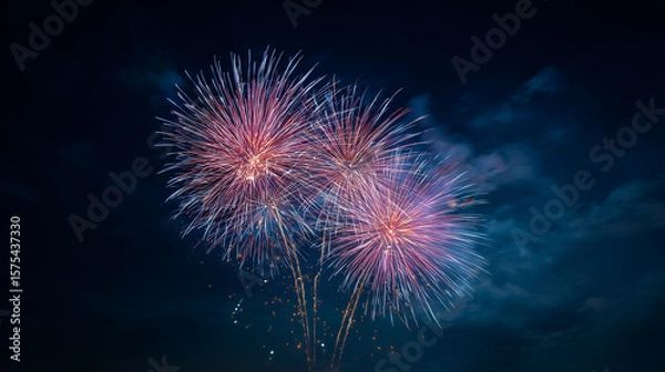 Obraz 夏の夜空に大きく打ち上がるカラフルな花火｜日本の夏祭り・イベント風景・夜景素材