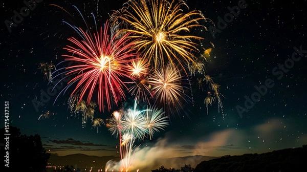 Obraz 夏の夜空に大きく打ち上がるカラフルな花火｜日本の夏祭り・イベント風景・夜景素材