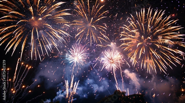 Obraz 夏の夜空に大きく打ち上がるカラフルな花火｜日本の夏祭り・イベント風景・夜景素材