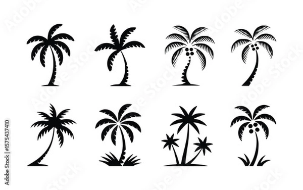 Fototapeta Silhouette collection displaying various tropical palm trees against a white background showcasing iconic summer designs.