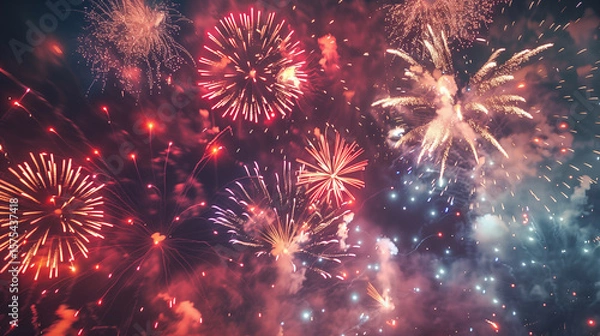Obraz 夏の夜空に大きく打ち上がるカラフルな花火｜日本の夏祭り・イベント風景・夜景素材