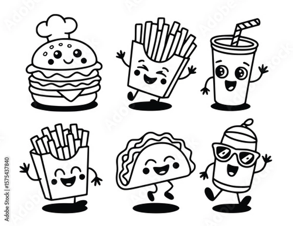 Fototapeta Black and white cartoon illustration shows cute, smiling fast food icons with playful expressions, perfect for menus, silhouette