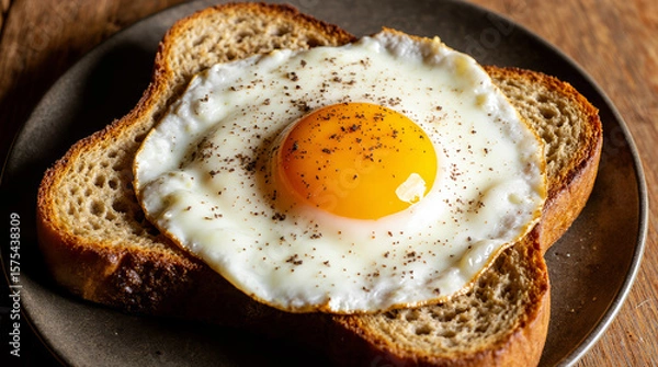 Fototapeta Delicious fried eggs on toast, seasoned with pepper, served on plates in a rustic, home-style presentation. AI generated.