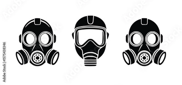Fototapeta Three black gas masks rendered as vector icons symbolize safety and protection in dangerous environments, silhouette