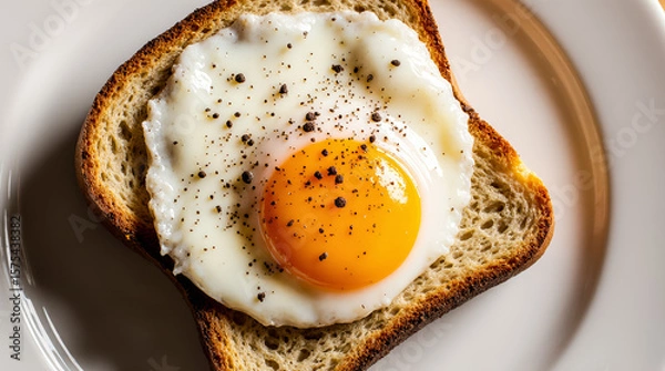 Fototapeta Delicious fried eggs on toast, seasoned with pepper, served on plates in a rustic, home-style presentation. AI generated.