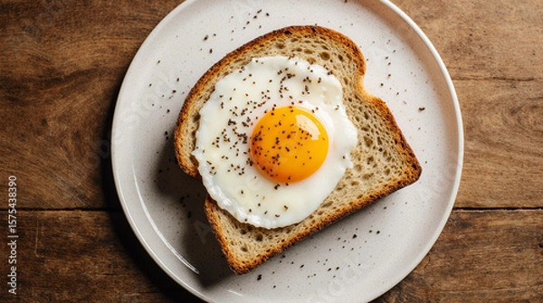 Fototapeta Delicious fried eggs on toast, seasoned with pepper, served on plates in a rustic, home-style presentation. AI generated.