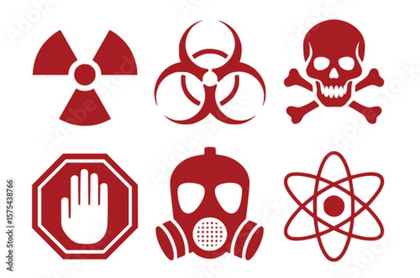 Fototapeta Collection of vector hazard warnings and symbols like radiation, biohazard, skull and crossbones, atom, stop hand, and gas mask, silhouette