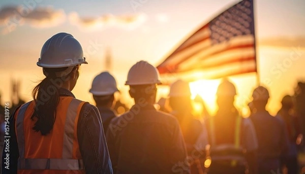 Obraz Construction workers watch sunset, American flag