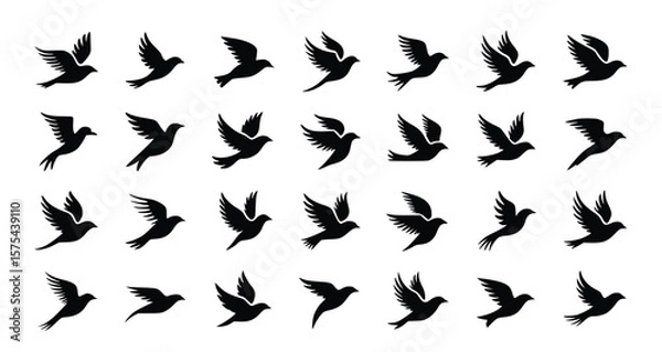 Fototapeta Black silhouettes of flying birds are displayed against a white background, representing freedom, nature, and a sense of peaceful flight.