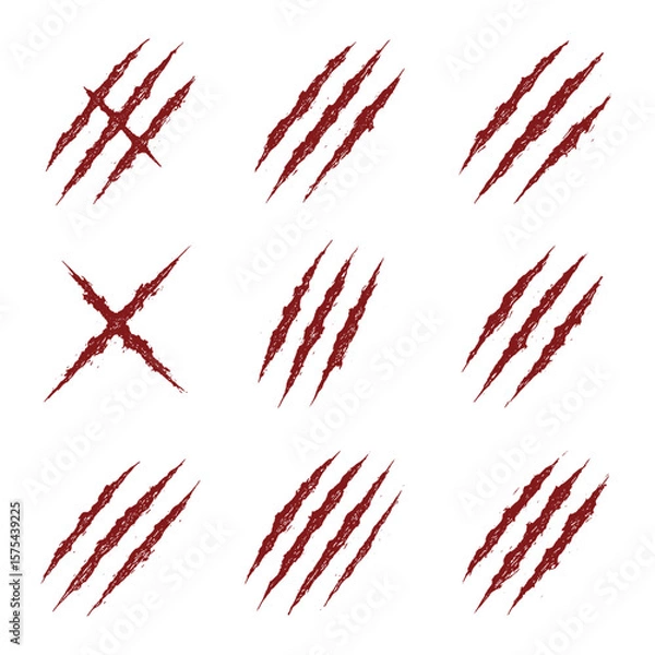 Obraz Set of bloody claw scratch marks on white background, horror-style design with sharp torn gashes, perfect for beast or monster effects.