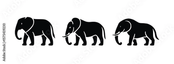 Fototapeta Three elephant silhouettes stand in stark black against a white background, perfect for logos or conservation projects.