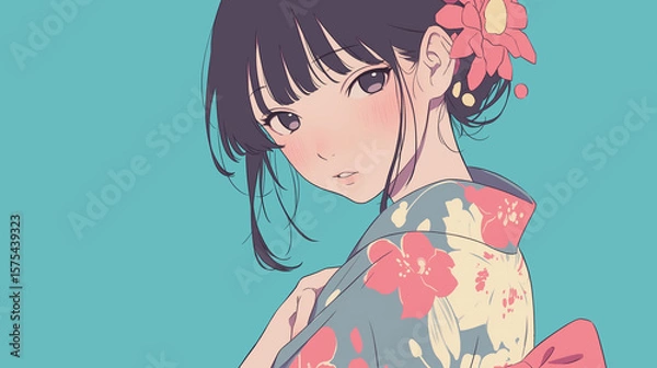 Obraz 日本の夏を楽しむ浴衣姿の若い女性の横顔イラスト｜和風・伝統・夜祭りの雰囲気