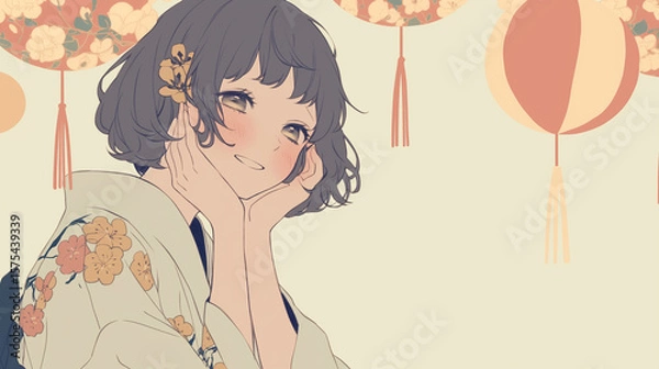 Obraz 浴衣姿の美しい若い女性キャラクターの和風イラスト｜夏の夜・風鈴・花火大会の情景