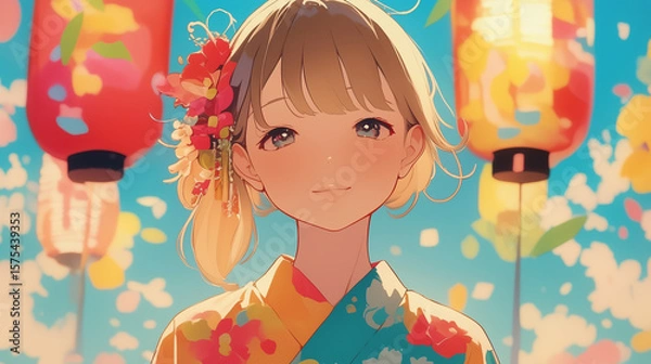 Obraz 浴衣を着た若い女性が縁日に立つイラスト｜屋台・和装・夏祭りの風景を描いた一枚