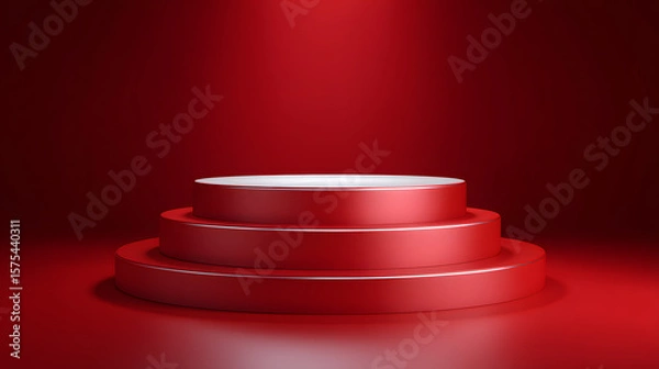 Fototapeta Crimson Platform: A minimalist and inviting crimson platform is illuminated by a spotlight, ready to showcase the next big thing.