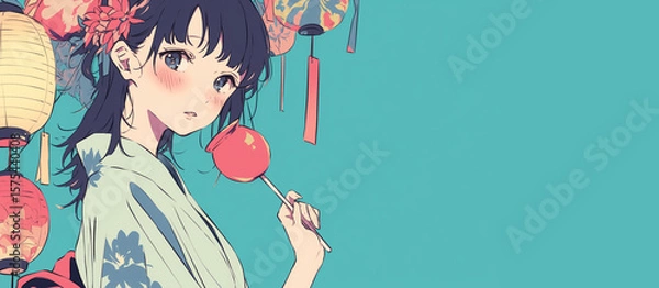 Obraz 浴衣を着た若い女性が夏祭りを楽しむイラスト｜和服・花火大会・日本の夏の風物詩